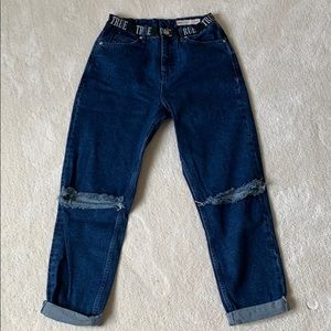 Blue High rise knee ripped jeans